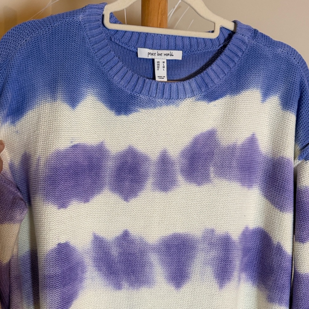 NWOT Peace Love World M Purple/White/Blue Tie-dye Striped Sweater Oversized Soft - Picture 3 of 6